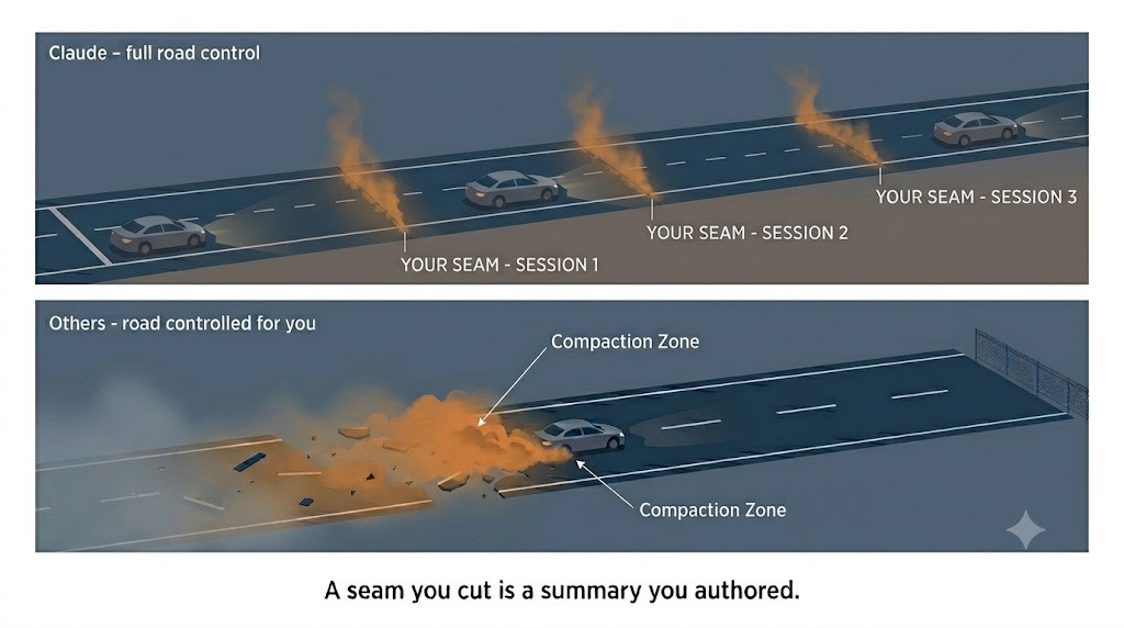 Two roads compared: on Claude's road, three labeled breaks the driver cut; on the other road, an unmarked compaction zone consuming the road behind the car.