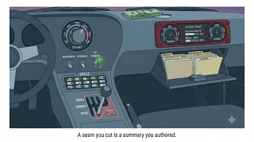 Illustrated car dashboard: model gear shift, effort dial, feature toggles, and context folders up front; the fuel gauges inside an open glovebox.
