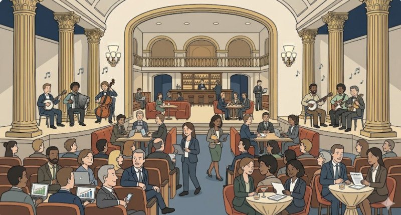 Closing scene — the orchestra in harmony, sheet music in front of every musician.