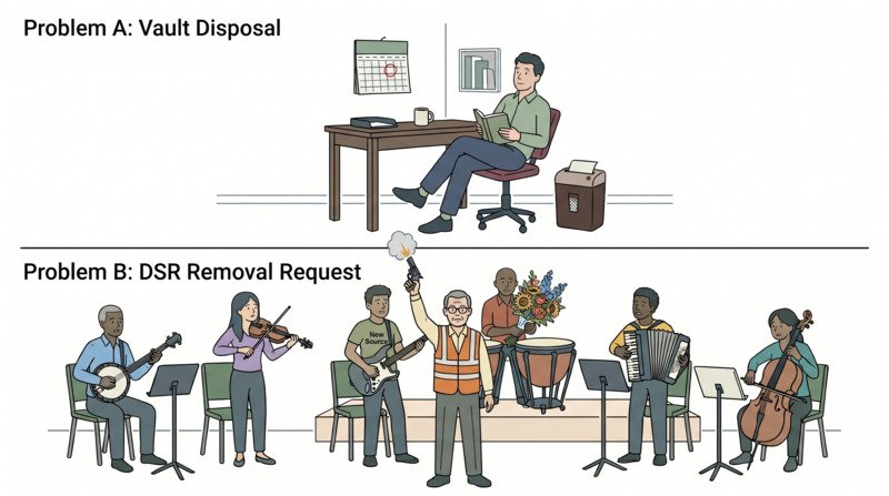 Two scenes: scheduled lifecycle disposal on top, an erasure request fire drill on bottom.