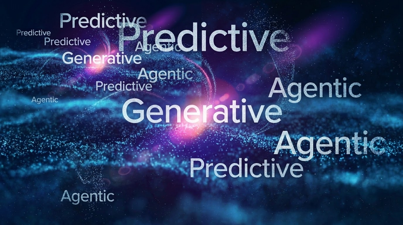 Predictive, Generative, Agentic &mdash; a word-cloud cover over a blue and violet particle field.