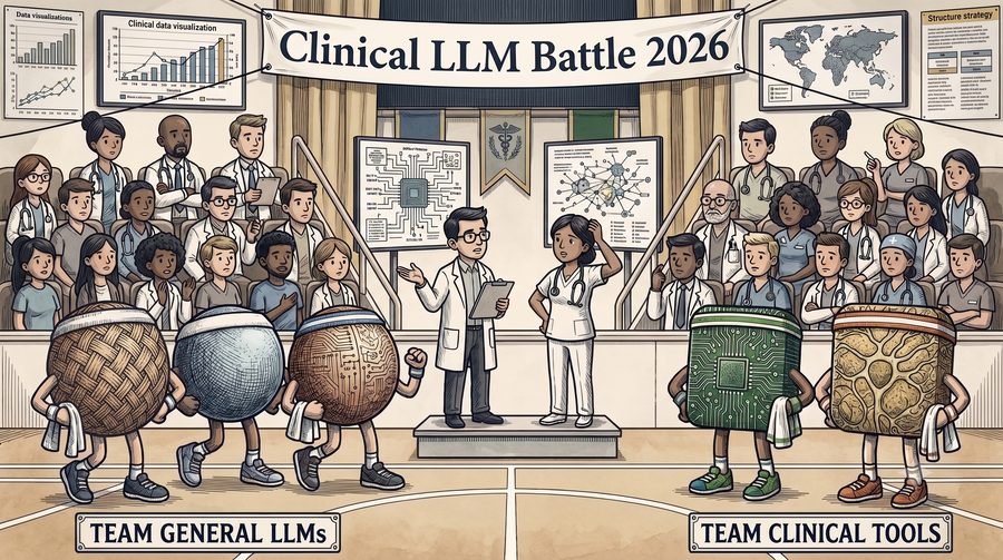 Cartoon of an arena. On the left, three large rounded shapes in woven, grid and circuit-board textures wear trainers and headbands, labelled Team general LLMs; on the right, two block shapes in circuit-board and cellular textures, labelled Team clinical tools. Two clinicians stand on a podium between them, one gesturing and one puzzled, watched by tiered rows of clinicians. A banner overhead reads Clinical LLM Battle 2026; framed charts and diagrams hang on the walls.