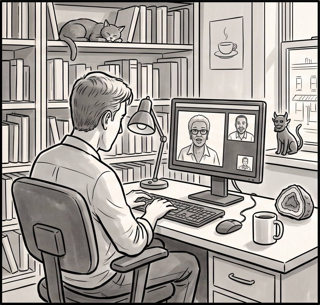 Over the shoulder: Luke from behind at his desk, head tilted in a puzzled 'huh?'; the monitor shows a video call in progress with Beverly mid-sentence. A cat asleep on the bookcase, a cafe across the street.