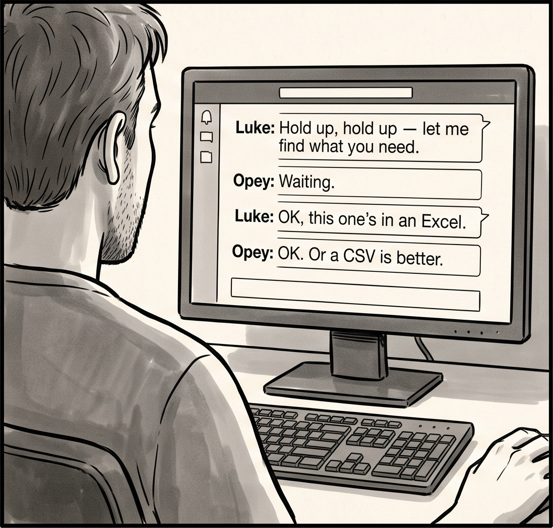 Over the shoulder, monitor legible. Luke: 'Hold up, hold up — let me find what you need.' Opey: 'Waiting.' Luke: 'OK, this one's in an Excel.' Opey: 'OK. Or a CSV is better.'