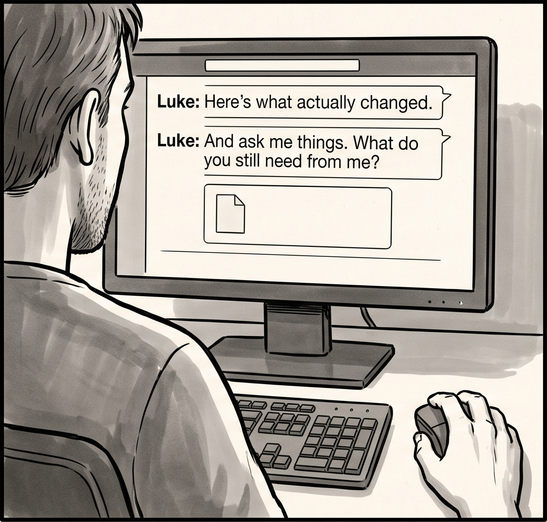 Over the shoulder, monitor legible with an attachment card. Luke: 'Here's what actually changed.' and 'And ask me things. What do you still need from me?'