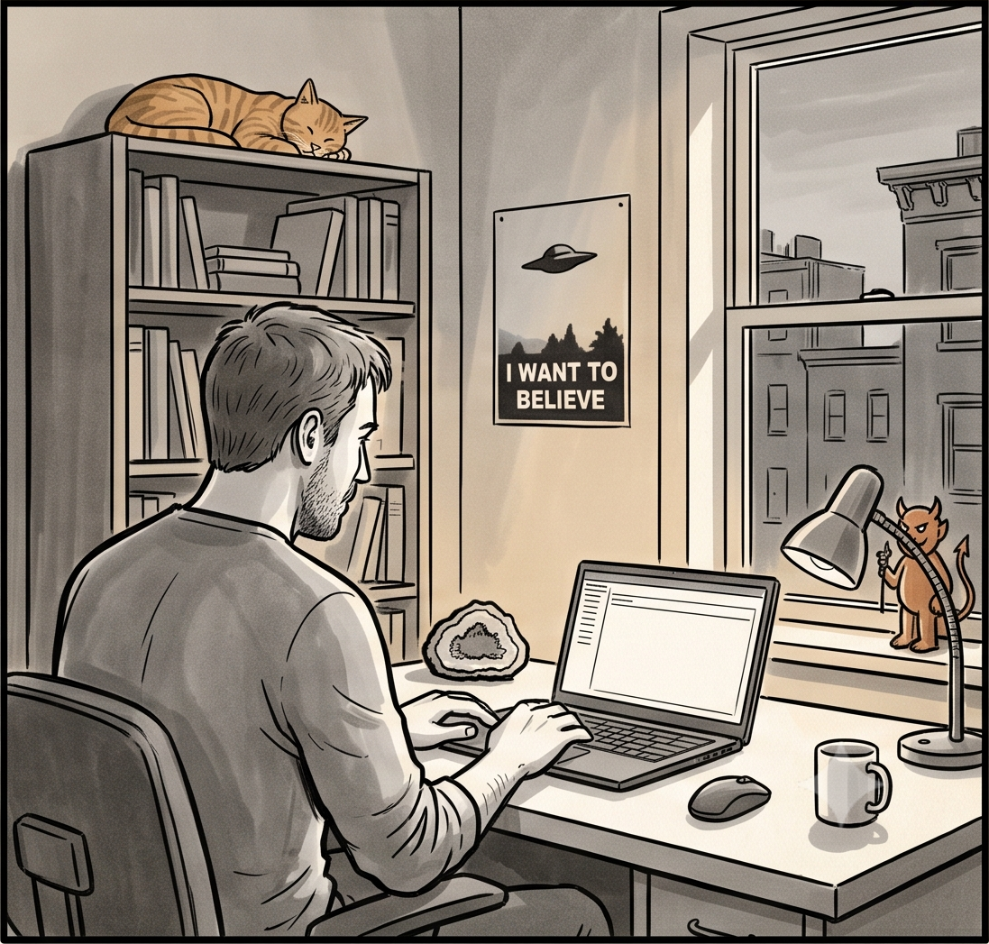 Early evening, warm dimming light: Luke seen from behind closing the laptop partway, dusk out the window, the cat asleep on the bookcase.