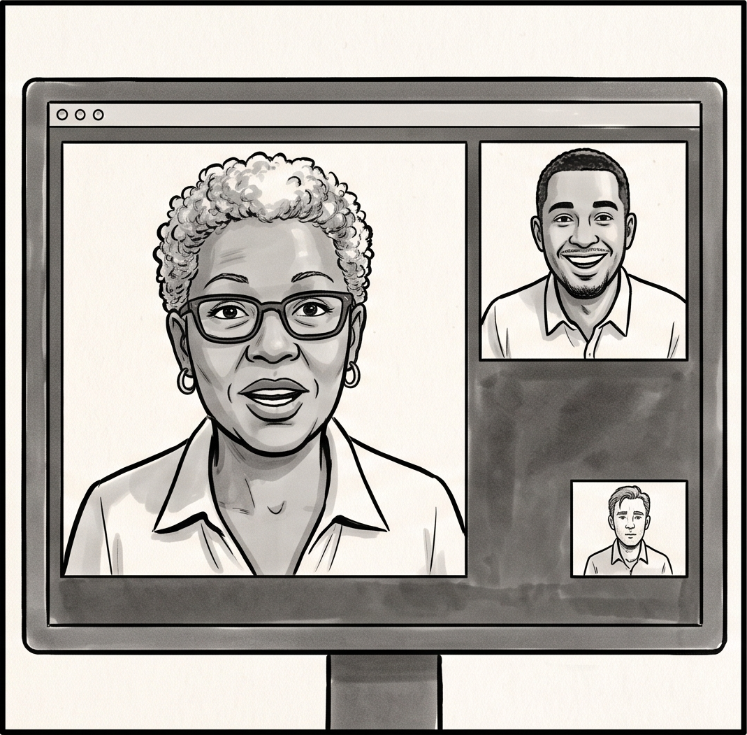 The monitor fills the frame: a video call with Beverly and a grinning colleague, Omar, plus Luke's small self-view.