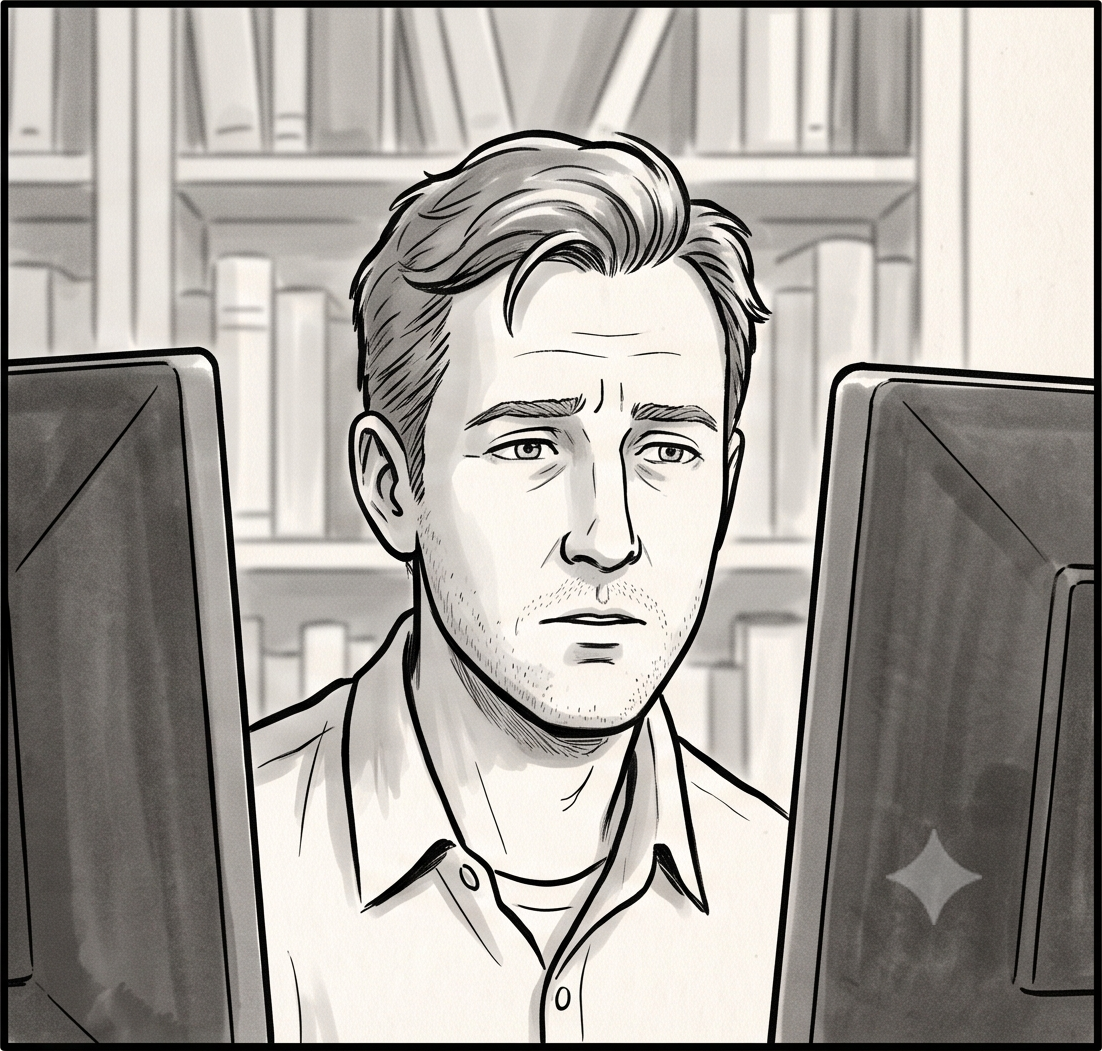 Close on Luke's face just after the call, caught between reluctance and dry curiosity.