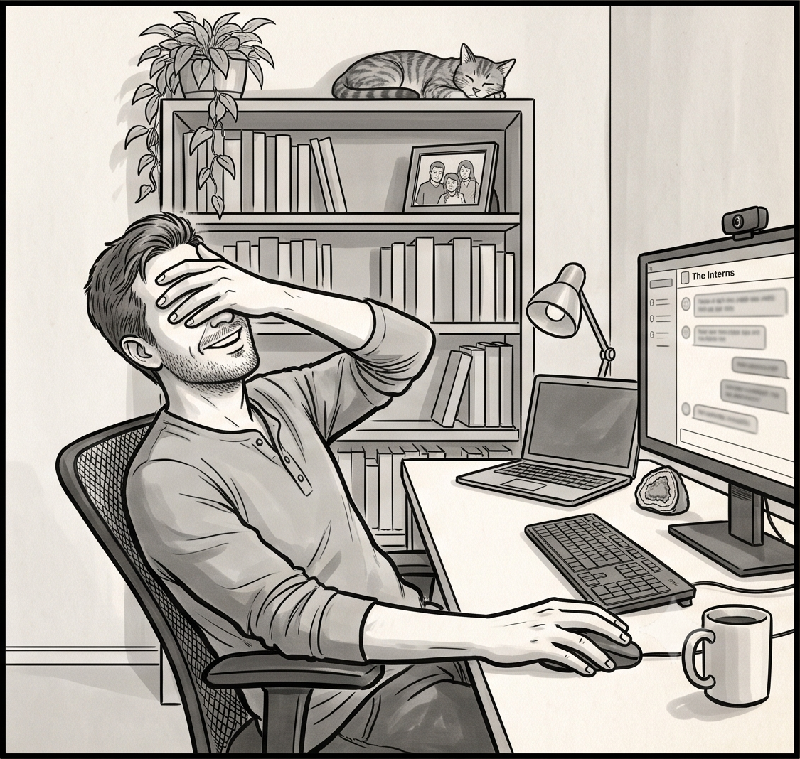 Luke leaning back from the desk, one hand over his face, half-smiling as the chat fills up.