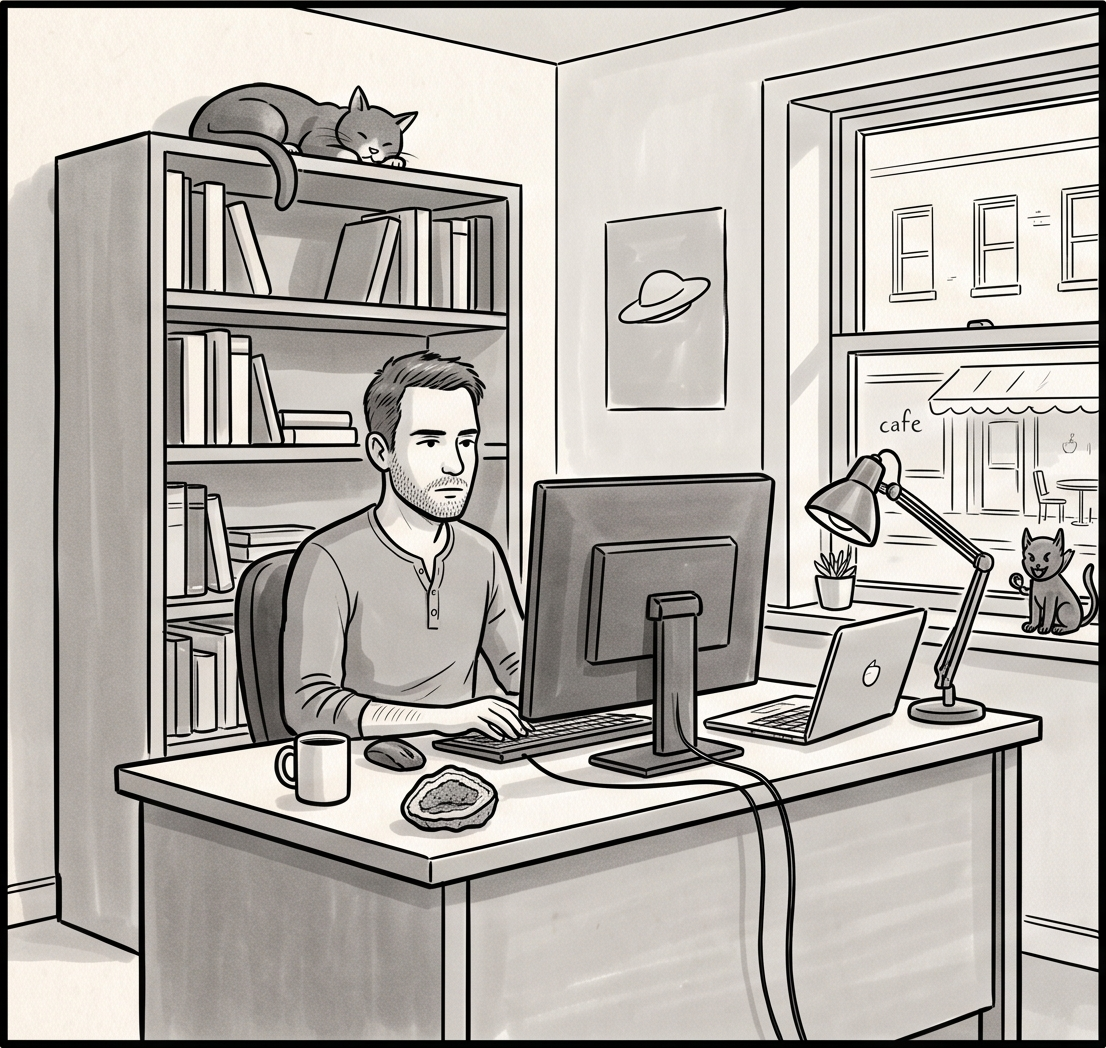 Wide shot of the home office at midday, Luke small at the desk, the cat on the bookcase, the window onto the street.