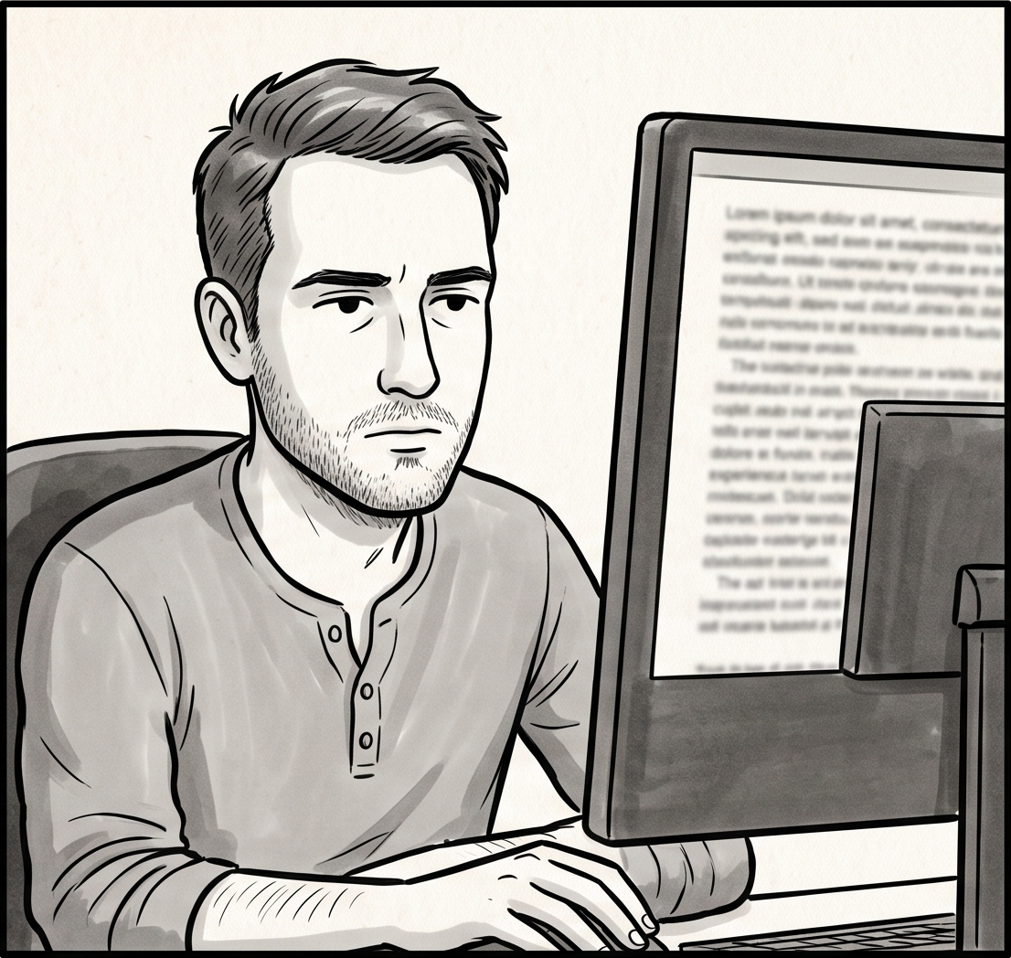 Luke reading the monitor, flat and unimpressed; the screen full of text that is clearly competent and clearly not his.